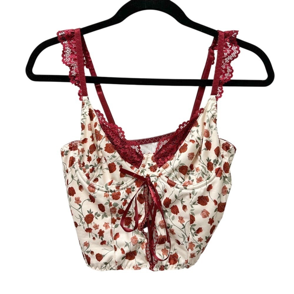 ROMWE Floral Lace Corset Cami‎ Top Red Rose Print Size S